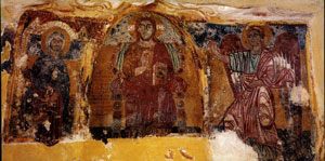 Carpignano salentino, cripta di  santa Cristina, interno. Cristo e Annunciazione di Teofilatto (anno 959).  Foto Studiorione - Maglie.