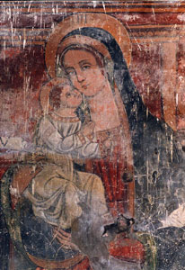 Chiesa parrocchiale di s. Giorgio, Presbiterio, lato destro, affresco raffigurante: Madonna in maestà con angeli musicanti, sec. XVI (1525?). Particolare.