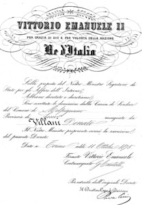 1875 ottobre 11, Torino. Accettazione da parte del re d'italia, Vittorio Emanuele II, delle dimissioni dalla carica di sindaco presentate da Donato Villani, nominato per il triennio 1873-75.